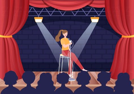 Stand Up Comedy Show Theater Scene with Red Curtains and Open Microphone to Comedian Performing on Stage in Flat Style Cartoon Illustration Stage Design Drawing, Stage Illustration, Theatre Drawing, Theater Scene, Theatre Illustration, Hug Illustration, Standup Comedy, Performing On Stage, Stage Curtains