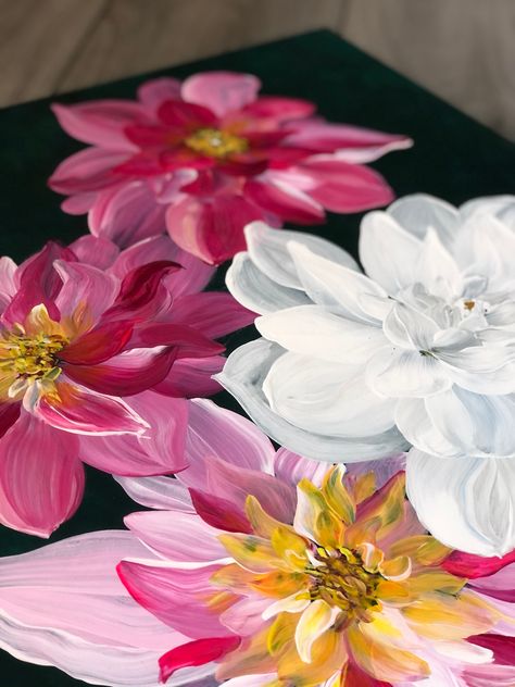 The meaning and symbolism of dahlia flowers Dahlia Flower Painting, Dahlia Painting, 14th Wedding Anniversary, Garden Activities, Dahlia Flowers, Dark Green Background, Flower Meanings, Summer Sunshine, Floral Pattern Design