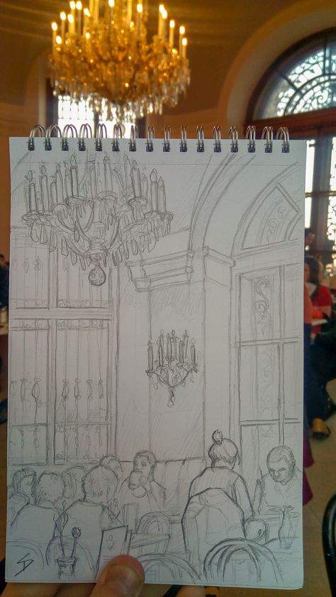 Palace Painting Art, Urban Art Drawing, Vienna Sketch, Vienna Drawing, Palace Sketch, Vienna Painting, Palace Drawing, Drawing Cafe, Cafe Drawing