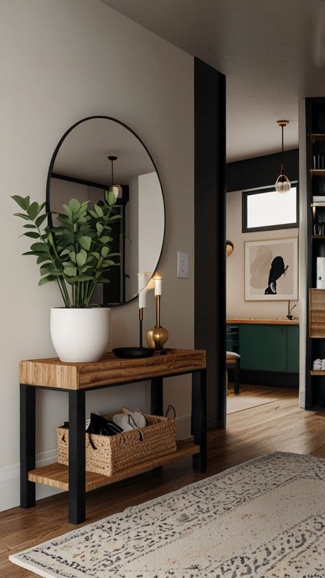 Apartment Decorating Boho Chic, Modern Rustic Small Apartment, Home Decor Ideas Industrial Modern, Minimalist Entryway Decor Ideas, Apartment Decorating Rustic Modern, Open Loft Decorating Ideas Upstairs, Black Boho Apartment, Black White And Wood Apartment, Condo Inspo Small Spaces