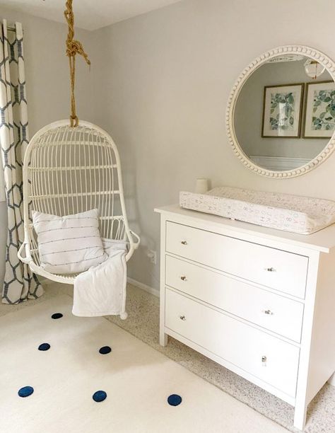 Warren's Nautical Boy Nursery | House of Navy Chair In Nursery, Neutral Baby Boy Nursery, Baby Boy Nursery Ideas, Boy Nursery Ideas, Hanging Rattan Chair, Hanging Rattan, Nursery Room Design, Serena Lily, Coastal Modern