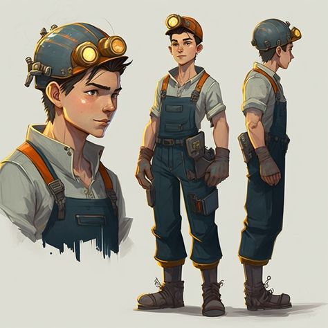 Factory Worker Character Design, Futuristic Engineer Character, Construction Worker Character Design, Engineer Oc Male, Overalls Character Design, Miner Character Design, Mechanic Oc Male, Shopkeeper Character Design, Engineer Concept Art