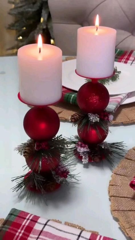 Diy Candels, Christmas Candle Holders Diy, Candle Holder Diy, Christmas Decorations Centerpiece, Christmas Decorations Diy Crafts, Christmas Candle Holder, Deco Table Noel, Christmas Candle Decorations, Christmas Centerpieces Diy