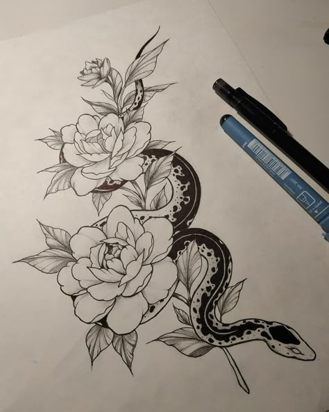 Snake And Mirror Tattoo, Snake Vine Tattoo, Snake Design Drawing, Snake Flowers Tattoo, Flowers Tattoos For Women, Snake With Flowers Tattoo, Snake And Flower Tattoo, Flower Snake Tattoo, Flower Skull Tattoo