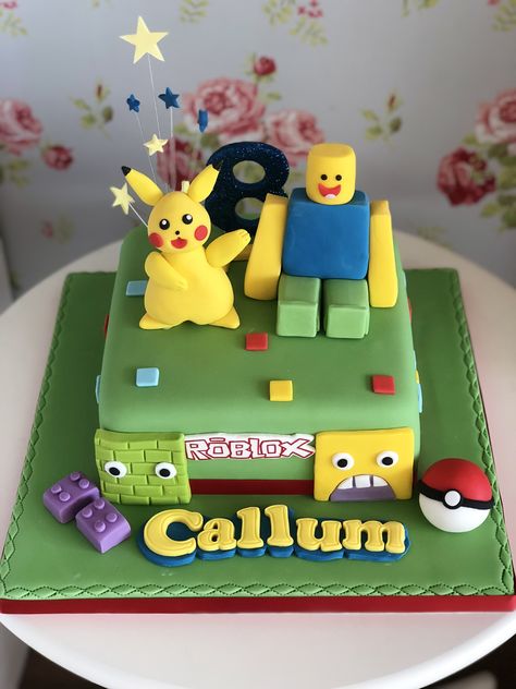 Roblox cake Pokemon cake Pokemon And Minecraft Cake, Arceus Pokemon Cake, Pokemon Battle Cake, 3d Pikachu Cake, Pokemon Card Cake Ideas, Roblox Birthday Cake, Roblox Cake, Pokemon Cake, Pokemon Birthday Party