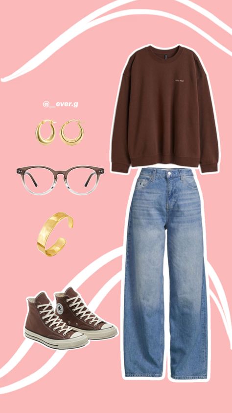 Simple, easy, comfy and cozy outfit inspo with brown color theme, casual outfits, back to school outfit, college outfit, university outfit, uni outfit, brown outfit, laid back outfit, cute outfit 🤍to get this look: brown converse, gold bangle/bracelet, brown glasses, go;d hoop earrings, brown crewneck, light/medium wash jeans. Brown High Top Converse Outfit, Denim And Brown Outfit, Outfits For Brown Hair, Outfits With Brown Shoes, Brown Vans Outfit, Cafe Study Outfit, Brown Crewneck Outfit, Brown Tshirt Outfit, Brown Converse Outfit