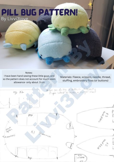 I saw pill bugs on here a few weeks ago and really wanted to make my own! The pattern is a bit rough but I hope it works (I... Mole Plush Pattern, Halloween Plush Pattern, Beetle Plush Pattern, Bug Plush Pattern, Bug Sewing Pattern, Plushie Patterns Free Templates, Bead Pets, Pill Bugs, Moth Man