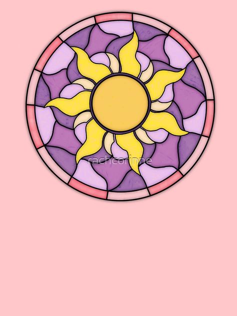 "Tangled Sun Stained Glass" T-shirt by rachcorinne | Redbubble Repunzal Sun Drawing, Tangled Stained Glass Art, Rapunzel Stained Glass Art, Rapunzel Sun Painting, Tangled Inspired Room Decor, Stained Glass Drawing Easy, Beauty And The Beast Stained Glass Art, Glass Stained Art, Sun Stained Glass Art