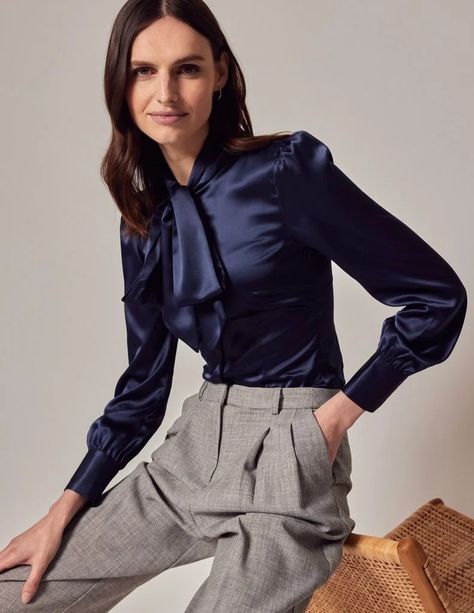 Navy Blue Suit Outfit, Blouse Outfit Work, Satin Blouse Outfit, Pussybow Blouse, Hawes And Curtis, Corporate Outfits, Navy Blouse, Bow Blouse, Professional Attire