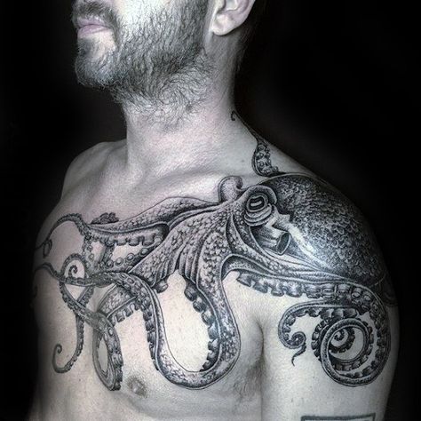 Male Octopus Tattoo Ideas On Shoulder And Chest Octopus Chest Tattoo, Chest Tattoo Designs For Men, Octopus Tattoo Sleeve, Kraken Tattoo, Squid Tattoo, Tattoo Ideas Males, Octopus Tattoo Design, Octopus Tattoos, Nautical Tattoo