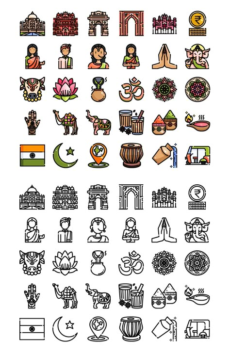 30 India Element Icons. Download Tourism In India Project, Illustration Art Vintage, India Illustration, Introvert Jokes, India Logo, Boarders Designs For Projects, Indian Drawing, India Poster, Heavy Dupatta