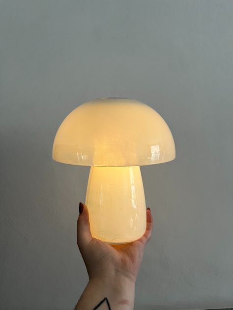 How to make a mushroom lamp using 3 super cheap IKEA staples | Livingetc Portable Mushroom Lamp, Mushroom Ikea Lamp, Ambient Light Lamps, Cute Bedroom Lamp, Led Mushroom Lights Diy, Cute Mushroom Lamps, Lighting Living Room Ideas Lamps, Mishroom Lamp, Muchroom Lamp