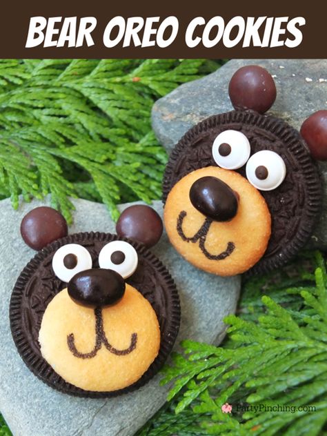 Bear oreo cookies, best camping food ideas for kids no bake bear cookies Camp Theme Food Ideas, Camping Treats For Kids, Teddy Bear Snacks, Camp Themed Food, Camping Themed Food, Camping Themed Snacks, Bear Food Ideas, Bear Snack Ideas, Camping Food Ideas For Kids