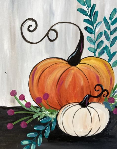 Painting Ideas Pumpkin Canvas, Thanksgiving Paintings Easy, Fall Wine And Canvas Ideas, Fall Paint Ideas On Canvas, Fall Decor Painting Ideas, Easy Fall Scenes To Paint, Autumn Paint Night Ideas, Whimsical Fall Paintings, Pumpkin Painting Ideas Canvases Easy