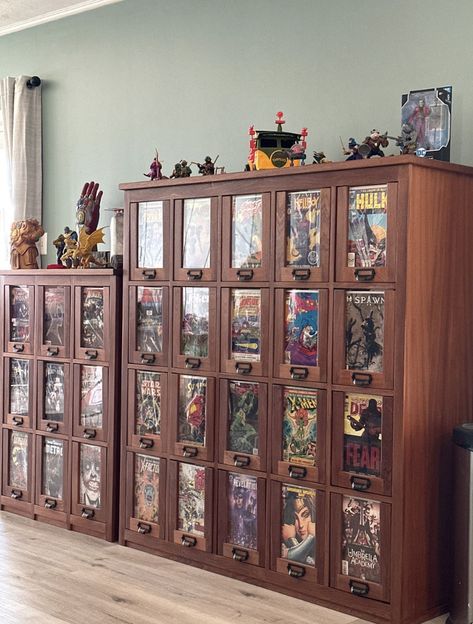 Comic book storage and organization cabinets. Solid mahogany custom cabinets. Comic Book Drawer, Comic Book Cabinet Storage, Comic Book Bookshelf, Comic Book Cabinet, Comic Book Organization Ideas, Board Game Shelving, Comic Book Shelves, Comic Collection Display, Box Shelf Ideas