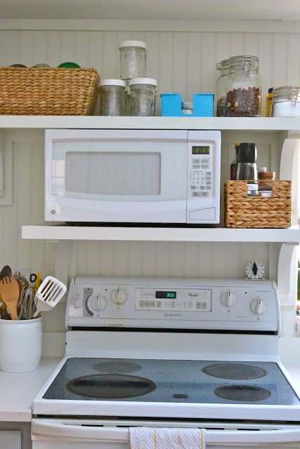 Microwave is taking up too much counter space, considering adding some shelves above the stove like this... Shelves Over Stove, Over Stove Microwave, Microwave Shelf Over Stove, Kitchen Ideas Cute, Microwave Above Stove, Microwave Shelf, Refacing Kitchen Cabinets, Timeless Kitchen, Block Island