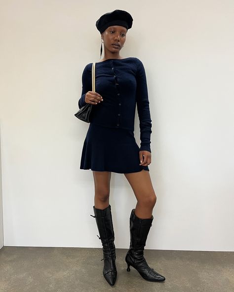 fittings with anu & mollie 👜🩰wearing our autumn knitted a-line dress and matching navy cardigan, styled with pointed leather boots and beret. Peachy Den, Sixth Sense, Cold Front, Navy Cardigan, Autumn Wardrobe, Fall 24, Swim Skirt, Fitness Inspo, Knit Cardigan