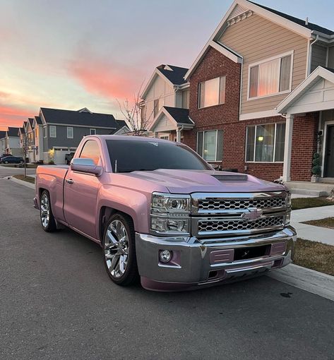 Pink Chevy Trucks, Pink Chevy, Hispanic Aesthetic, Single Cab Trucks, Pink Car Accessories, Lowrider Trucks, Dropped Trucks, Girly Car Accessories, Pink Truck