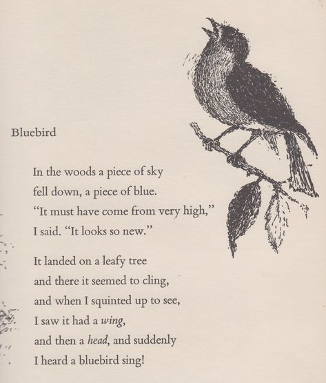 Aileen Lucia Fisher was an American writer of more than a hundred children's books, including poetry, picture books in verse, prose about nature and America, biographies, Bible themed books, plays, and articles for magazines and journals. Her poems have been anthologized many times and are frequently used in textbooks. In 1978 she was awarded the second National Council of Teachers of English Award for Excellence in Poetry for Children. Her Poems, Carol Ann Duffy, About Nature, Magazine Articles, Picture Books, Book Themes, Bluebird, Children's Books, Picture Book