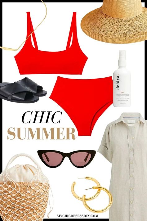 Here are 5 insanely cute and classic swimsuits and how to put together outfits for the chicest beachwear! #everlane #swimsuitoutfit #classicswimwear #swimwear #swimsuits #beachwear #twopieceswimsuit Red Swimsuit Outfit, Put Together Outfits, My Chic Obsession, Black Straw Hat, Feminine Outfits, Strappy Leather Sandals, Striped Linen Shirt, Swimsuit Trends, Swimsuits Outfits