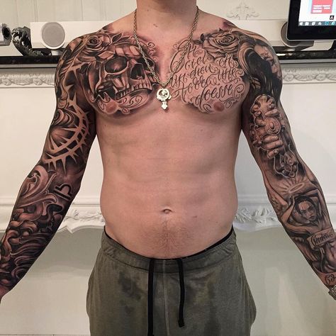 Tattoo Full Chest For Men, Rare Chest Tattoos Men, Left Chest Tattoo Men Ideas, Statue Chest Tattoo, Chicano Chest Tattoo Men, Chest Peices Tattoos For Men, Pec Tattoo Men, Chicano Chest Tattoo, Men’s Chest Tattoos