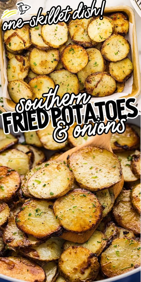 Our crispy Fried Potatoes and Onions is an easy comfort food side dish that's ready in 30 minutes! Simple ingredients, so much flavor! Potatoes And Onions Skillet, Best Fried Potatoes, German Fried Potatoes, Purple Potato Recipes, Sides For Pork Chops, Crispy Fried Potatoes, Fried Potatoes And Onions, Oven Fried Potatoes, Fried Potatoes Recipe