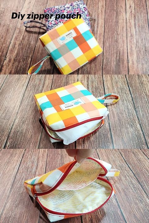 DIY Square zipper pouch / sanitary napkin pouch / sewing tutorial [Tendersmile Handmade] Square Zipper Pouch, Cosmetic Bags Diy, Sanitary Napkin Bag, Diy Pouch No Zipper, Diy Sewing Gifts, Purse Sewing Patterns, Padded Pouch, Pouch Diy, Pouch Sewing