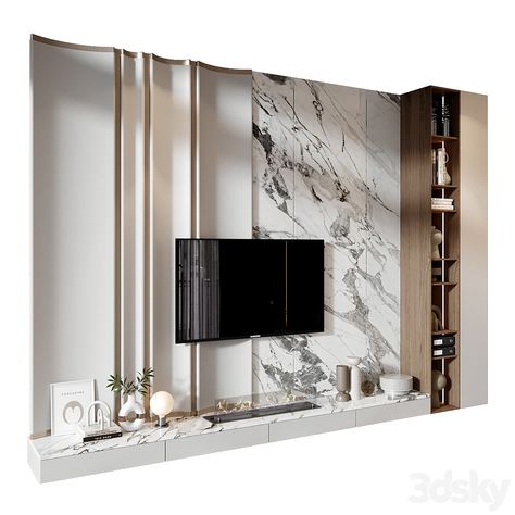 TV shelf 0796 - TV Wall - 3D model Tv Unit High Ceiling, Long Tv Unit Design Modern, Tv Backdrop Bedroom, Lobby Lcd Panel Design Luxury, Fluted Laminate Tv Unit, Tv Wall Modern Luxury, Office Tv Wall Design, Tv Wall In Bedroom, Tv On Wall Ideas Bedroom