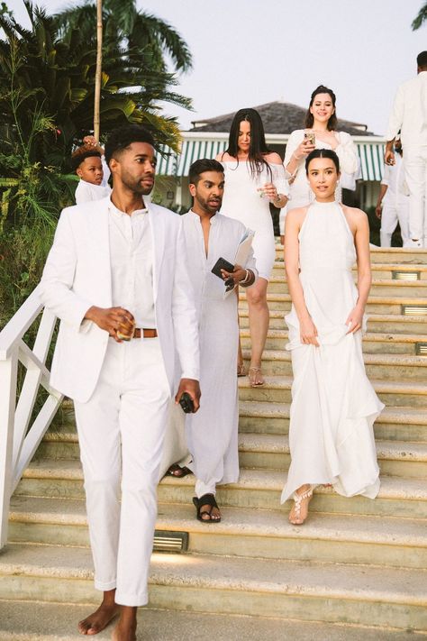 A Music-Filled Destination Wedding at Round Hill in Jamaica White Dress Code Wedding, Rehearsal Dinner Guest Outfits, Round Hill Jamaica, Party Moodboard, Rehearsal Outfit, White Wedding Party, Bride Gloves, Bride Reception Dresses, Stunning Wedding Venues