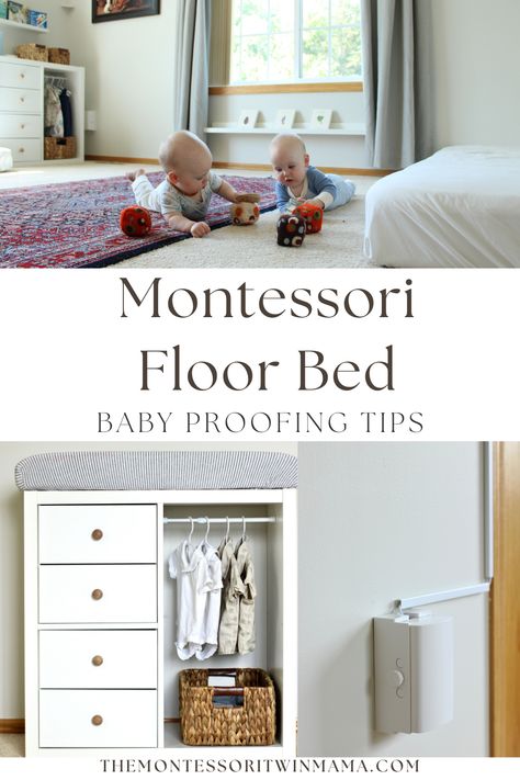 Baby proofing a Montessori nursery is essential to your baby's safety. Follow these suggestions to know what you should be aware of when it comes time to baby proofing your Montessori Nursery. Considering cords, outlet covers, furniture, the floor and more! You will also learn more about the 4 areas in a Montessori nursery. You'll want to read this blog post to get all the tips for creating a safe environment for your baby. These recommendations will ensure your babies safety! Safe Nursery Decor, Nursery No Crib, Toddler Safe Bedroom, Toddler Proof Bedroom, Baby Proof Living Room, Montessori Bedroom Newborn, Montessori Bedroom 1 Year, Baby Proof Cords, Rv Nursery Ideas