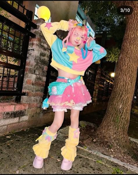 Carnivalcore Aesthetic Outfit, Cleancore Fashion, Candy Clown Costume, Pink Clowncore Outfit, Hypercore Outfits, Rainbow Pastel Outfit, Pastel Decora Fashion, Pink Aesthetic Fits, Pinkie Pie Inspired Outfit