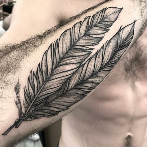 Feather tattoo by Sasha Masiuk Sasha Tattoo, Feather Tattoo For Men, Eagle Feather Tattoos, Indian Feather Tattoos, Tattoo Feather, Cowboy Tattoos, Engraving Tattoo, Country Tattoos, Peacock Feather Tattoo