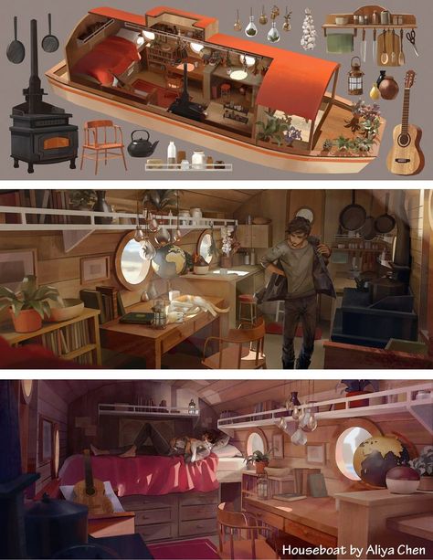 Boat House Concept Art, Houseboat Concept Art, Fantasy Airport, Boat House Aesthetic, Fantasy Carriage Concept Art, Survival Concept Art, Living Room Concept Art, Apocalypse Room, Zombie Apocalypse House