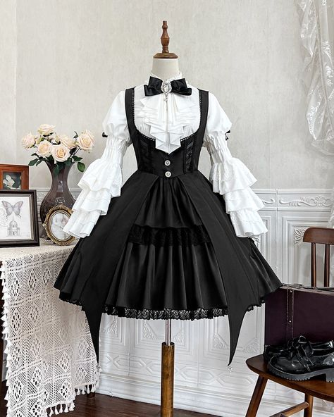 It's the season of little witches everywhere! 🧙‍♀️ New black witch JSK paired with a white princess-sleeved bib blouse—only $99.50! Search "XDJ-154" on devilinspired.com to shop now! 🎃 #witchseason #witchlolita #lolitafashion #spookyvibes #jumperskirt #lolitajsk Steampunk Fashion Female, Gothic Skirts, Witch Dress, Bell Sleeve Shirt, Long Bell Sleeves, Character Inspo, Princess Outfits, Dress Set, Set Up