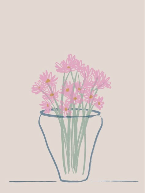 Flowers In Vases Drawing, Drawn Flowers Aesthetic, Vase Flower Drawing, Vase With Flowers Drawing, Vase Of Flowers Drawing, Flowers In Vase Drawing, Flower Illustration Simple, Vases Illustration, Sketch Of Flowers