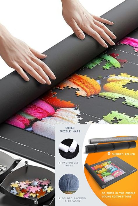 Game changer! Jigsaw puzzles are a passion and can be a royal pain to store, transport and protect the pieces! When I found the jigsaw puzzle mat roll up, it completely changed my puzzle life! This portable keeper keeps up to 1500 pieces protected with non-slip rubber bottom and smooth polyester top AND it's shipped ROLLED not FOLDED! The way it should be! Completed Jigsaw Puzzle Storage, Jigsaw Puzzle Table Walmart, Puzzle Roll Up Mat, Jigsaw Puzzle Accessories, Hardest Jigsaw Puzzle, Puzzle Mat, Diy Puzzles, Roll Up, Polyester Top