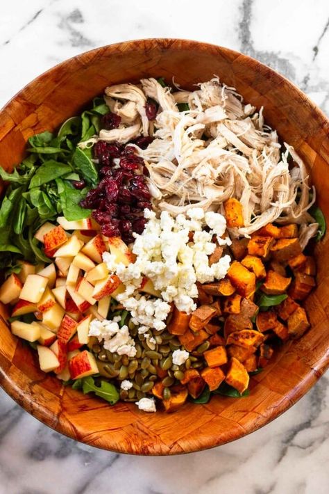 Fall Salad Healthy, Eat The Gains Fall Harvest Salad, Fall Salad Bowl, Fall Protein Bowl, Fall Harvest Salad Sweet Potato, Chicken Harvest Salad, Fall Lunch Salad, Fall Salad With Sweet Potatoes, Fall Salad Recipes With Chicken