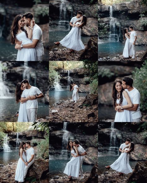 Backdrop Poses, Waterfall Couple Photoshoot, Waterfall Poses, Jungle Photoshoot, Blue Waterfall, Pre Wedding Photoshoot Props, Couple Beach Pictures, Photoshoot Outdoor, Wedding Photoshoot Props