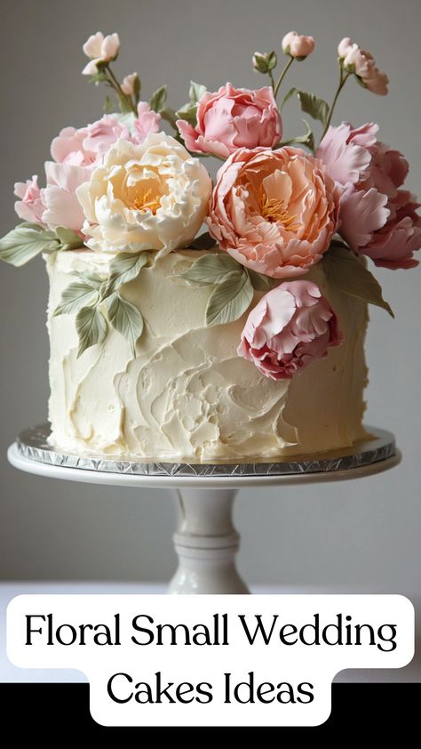 A small wedding cake decorated with pastel-colored peonies and soft buttercream, perfect for an intimate and elegant celebration. Wedding Cake With Natural Flowers, Peony Cake Wedding, Wedding Cakes With Peonies, Small Round Birthday Cake For Woman, Wedding Cake For 40 People, Bouquet Of Flowers Cake, Wedding Cake Inspo Elegant, Simple Wedding Cake Flowers, Small Elegant Wedding Ideas