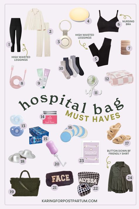 hospital bag must haves | Karing for Postpartum Hospital Bag Items, Hospital Bag Must Haves, Baby Hospital Bag Checklist, Bag Must Haves, Mom Checklist, Hospital Bag For Mom To Be, Packing Hospital Bag, Pregnancy Hospital Bag, Postpartum Care Kit