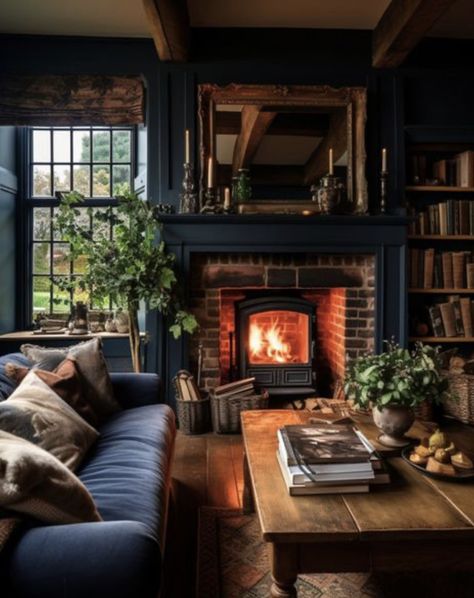 Cozy Dens With Fireplace, Moody Colonial Living Room, Modern Living Room With Log Burner, Wood Burning Stove Fireplace Surround, Cosy English Cottage, Victorian Country House Interiors, Moody Reading Rooms, Blue Moody Living Room, Outlander Inspired Home Decor