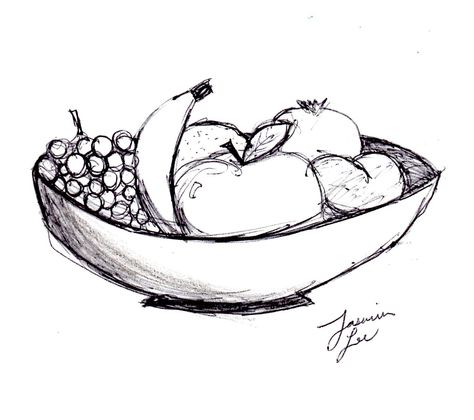 bowl of fruit Fruit Bowl Art Reference, Bowl With Fruit Drawing, Fruit Bowl Drawing Easy, Fruit Bowl Sketch, Bowl Of Fruit Drawing, Fruit Bowl Tattoo, Fruit Sketch Drawing, Bowl Sketch, Fruit Bowl Painting