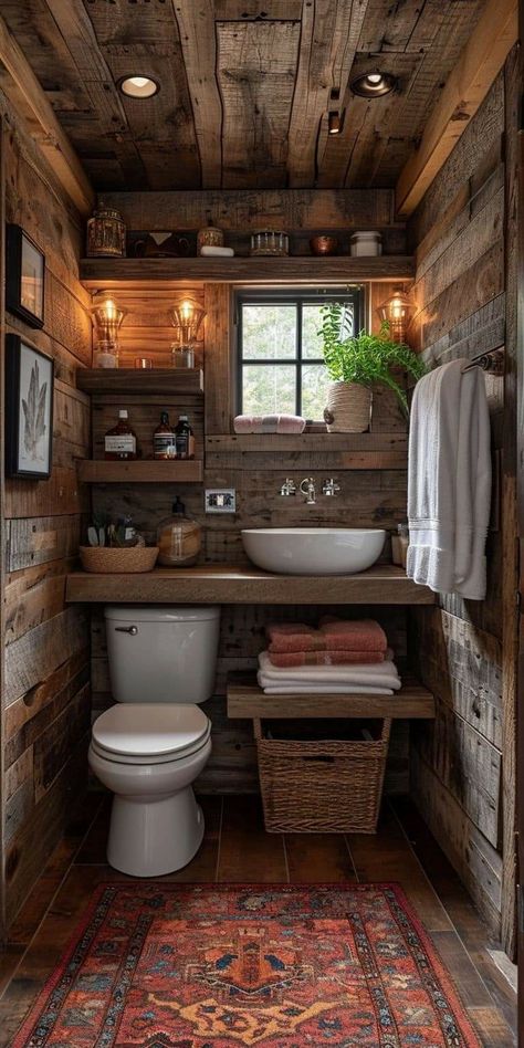 Rustic Restroom Ideas, Cabin Shower Ideas, Rustic Outdoor Bathroom, Outhouse Bathroom Ideas, Cabin Toilet, Tiny Home Bathroom, Mini Wc, Rustic Cottage Bathroom, Tiny Home Bathrooms