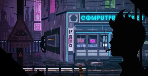 Night rainy city - pixel art (NightStop - Bloodnight) Pixel Art Gif, Pixel Gif, Gif Background, رورونوا زورو, Wallpaper Estetika, Pixel Animation, Arte 8 Bits, 8bit Art, New Retro Wave