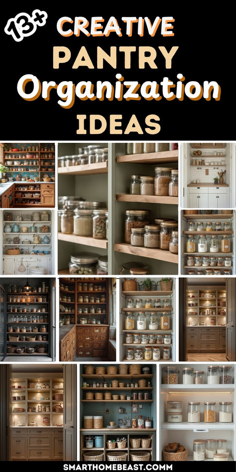 13 creative pantry organization ideas to maximize space and elevate your kitchen. From labeled containers to clever storage hacks, these tips will keep your pantry tidy and stylish. Perfect for small or large pantries! #PantryOrganization #KitchenStorage #HomeOrganization" Pantry Cans Organization, Organized Pantry Aesthetic, How To Organize A Kitchen Pantry, Built In Cabinet Organization, Pantry Organization Small Space, Mason Jar Pantry Organization, Functional Pantry Organization, How To Organize Kitchen Pantry, Pantry Organization Ideas On A Budget