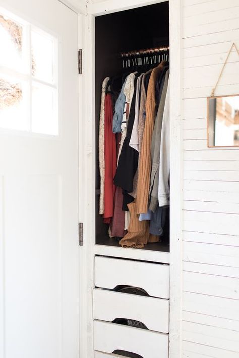 AND the home comes with a cat porch. Tiny Home Wardrobe Ideas, Tiny Closet For Two People, Skoolie Closet Ideas, Van Closet Ideas, Tiny House Closet Ideas Space Saving, Tiny Home Closet, Tiny Bedroom Closet, Landing Cupboard, Super Tiny Bedroom