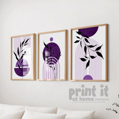 Purple Mid Century Wall Prints, purple wall art, mid century prints, purple wall decor, boho printable art, boho art, purple decor, Set of 3 by PrintItAtHomeDesigns on Etsy Purple Boho Art, Wall Prints Purple, Dark Purple Wall, Mid Century Prints, Lilac Wall, Purple Wall Decor, Wall Art Purple, Purple Home Decor, Purple Wall Art