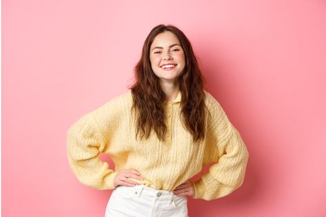 Hands On Waist, Face Female, Woman Posing, Female Poses, Reference Images, Photo Reference, Young Woman, Pink Background, Lima