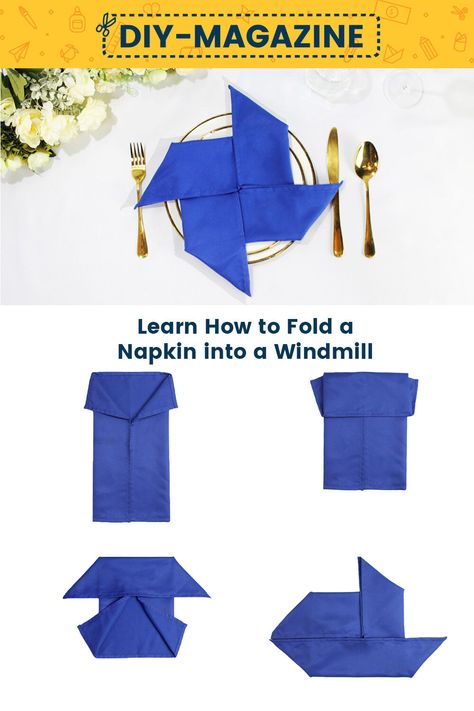 How to fold a napkin into a Windmill or Pinwheel Table Napkin Folding Step By Step, Make A Pinwheel, Fold A Napkin, Napkin Ideas, Napkin Folding Ideas, Fancy Napkin Folding, Paper Napkin Folding, Plating Ideas, Folding Ideas