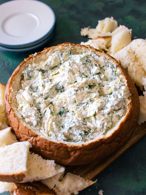 Spanish Artichoke Dip, Cold Artichoke Dip Recipe, Best Dips Recipes, Spinach Dip Bread Bowl, Appetizer Dips Cold, Spinach Artichoke Recipes, Spinach Dip Cold, Bread Bowl Dip, Best Spinach Dip